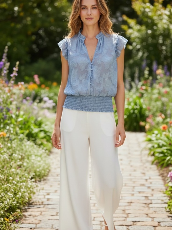 Haver london Tops - Light Blue Ruffled Neck Cap Sleeve Blouse